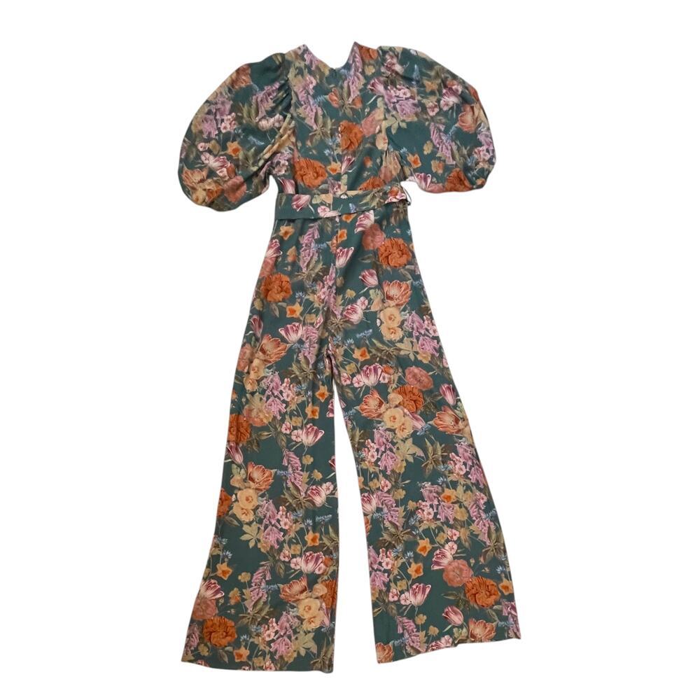 Anthropologie Kachel Floral Balloon Sleeve Jumpsuit - Blue Green - Size 0 - Picture 4 of 9